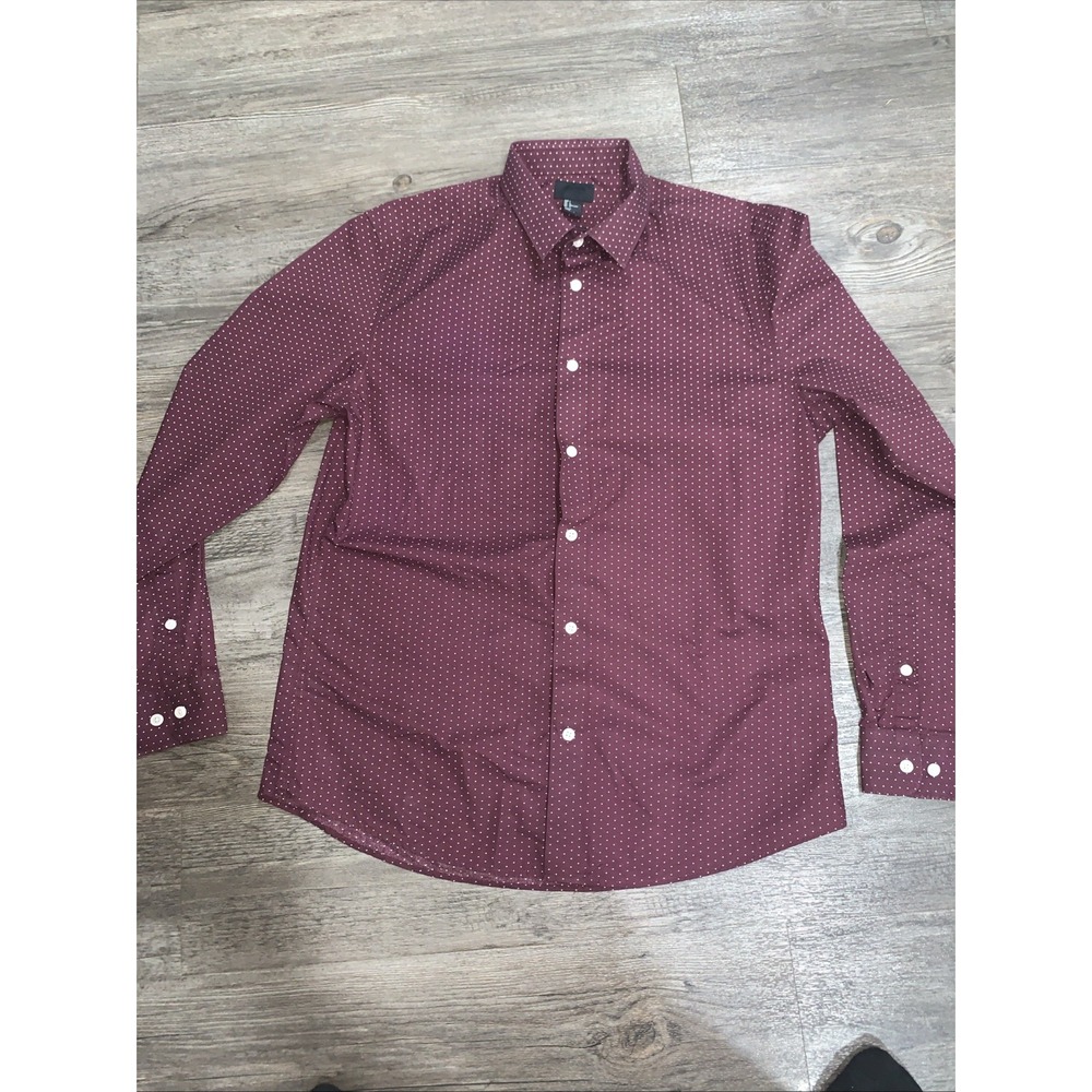 H&M Men Slim Fit Cotton Dress Shirt Burgundy White Polka Dot Large Spread Collar